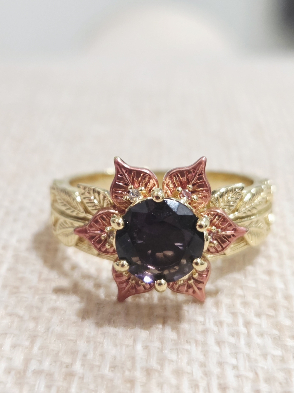 Gold and Rose Floral Ring with Dark Purple Center Stone~ Size 9.5